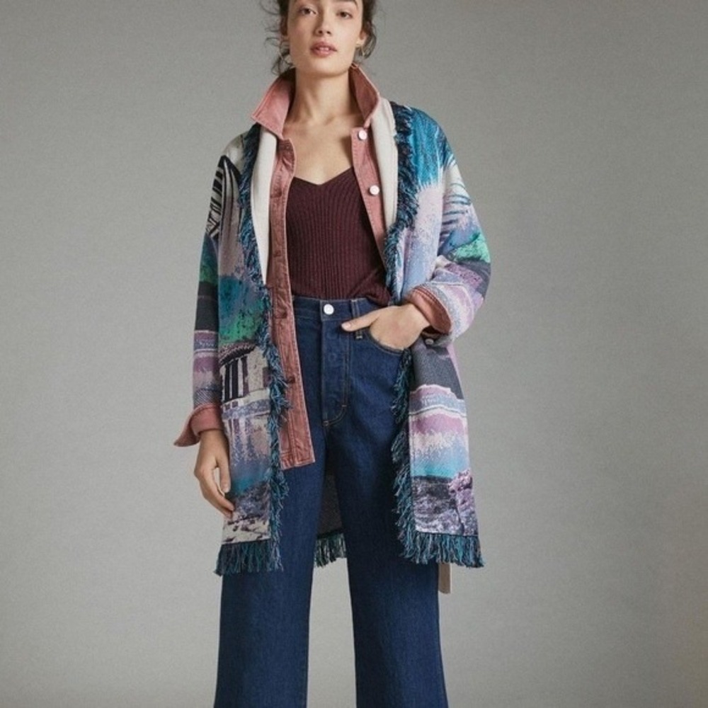 Aldomartins Anthropologie Moira Woven Sunset Fringe Kimono Cardigan Jacket-‎ S
